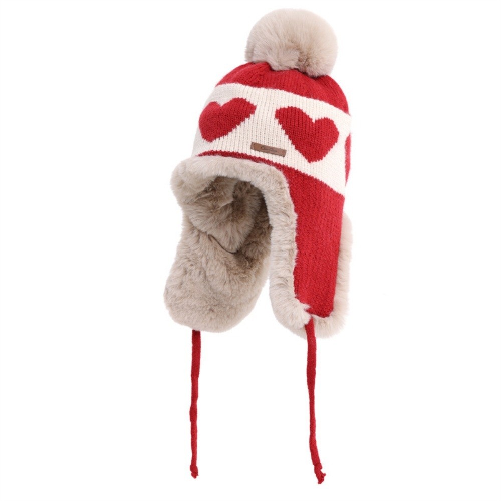 Trapper Hat Ear Flap - Topi dengan hiasan pom-pom, motif hati